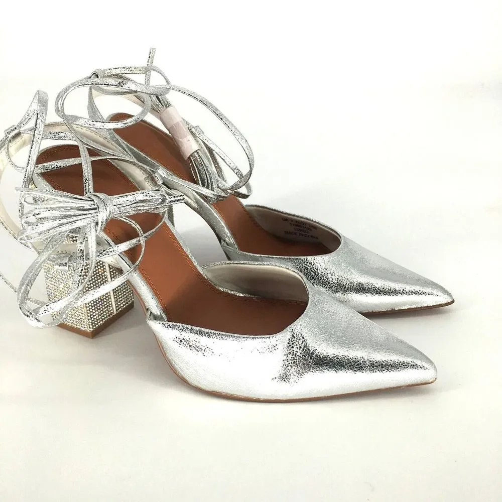 ASOS DESIGN Diamante embellished tie leg block heeled shoes in silver US 6